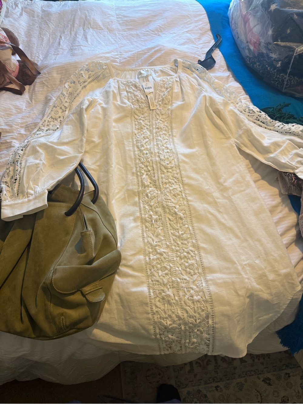 Anthropologie Cream Long-Sleeve Embroidered Dress